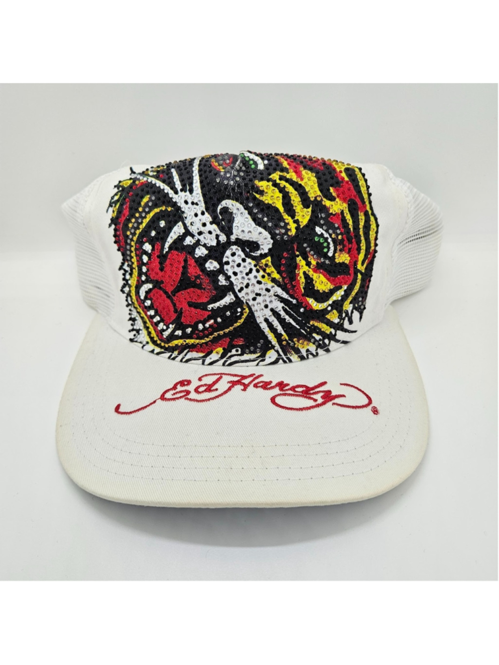 Ed Hardy Tiger Trucker Hat Rhinestone White Y2K Snapback Cap Christian Audigier